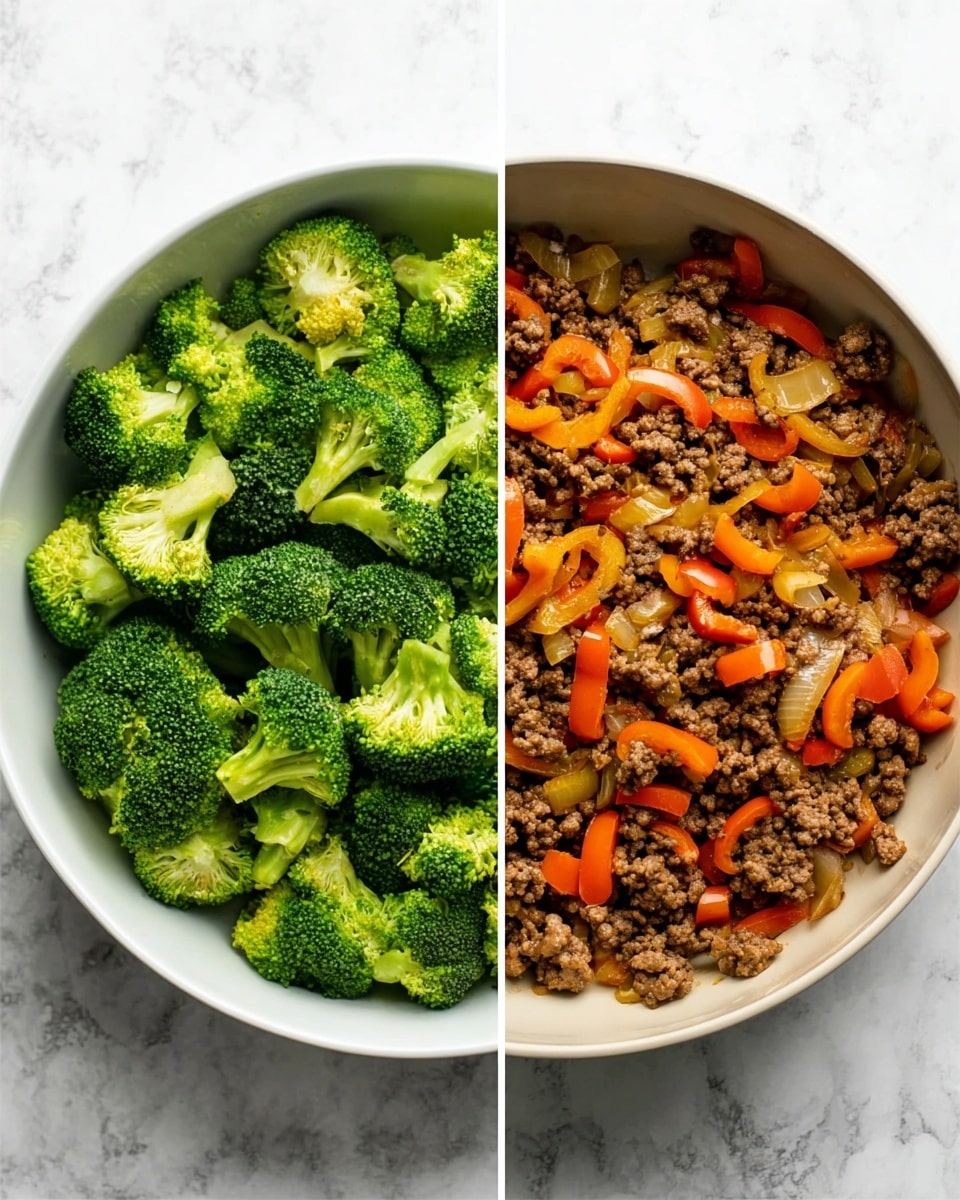 The left side shows a white bowl filled with bright green broccoli florets spread evenly, showcasing their rough texture and fresh look. The right side displays a white bowl with cooked ground beef mixed with sliced orange bell peppers and small pieces of onion, showing a mix of brown, orange, and white colors with a slightly oily texture. Both bowls rest on a white marbled textured surface. photo taken with an iphone --ar 4:5 --v 7
