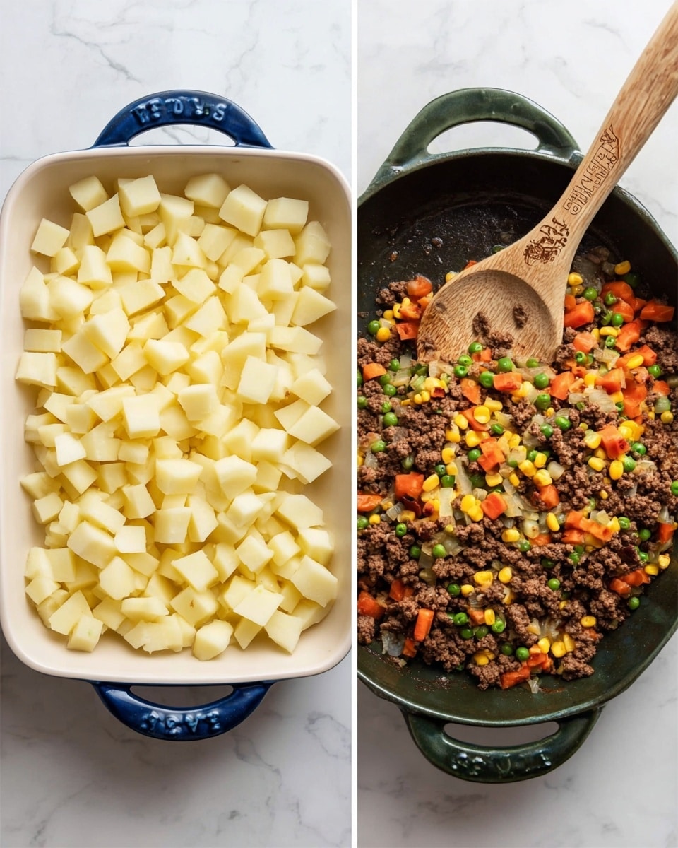 The image shows two separate cooking vessels on a white marbled surface. On the left, there is a white rectangular baking dish with blue handles filled evenly with small, pale yellow cubes of potatoes arranged in a single layer. On the right, a dark green cast iron skillet contains browned ground beef mixed with sautéed onions, topped with a colorful mix of frozen vegetables including green beans, diced carrots, peas, and yellow corn. A wooden spoon with an engraved logo rests inside the skillet on the right side, partially covering the vegetables. photo taken with an iphone --ar 4:5 --v 7