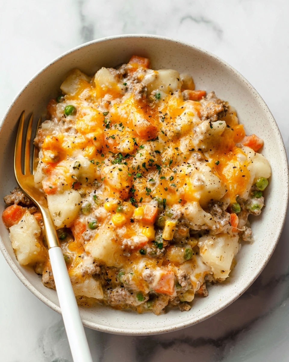 The image shows a bowl of creamy stew with three main layers: soft beige chunks of potato, light brown ground meat, and small bright orange pieces of carrot mixed with green peas and corn. The dish is topped with melted orange cheese and sprinkled with small green herb bits, and some black pepper flakes. A gold fork with a white handle rests on the left side of the edge of the white bowl, which sits on a white marbled surface. photo taken with an iphone --ar 4:5 --v 7