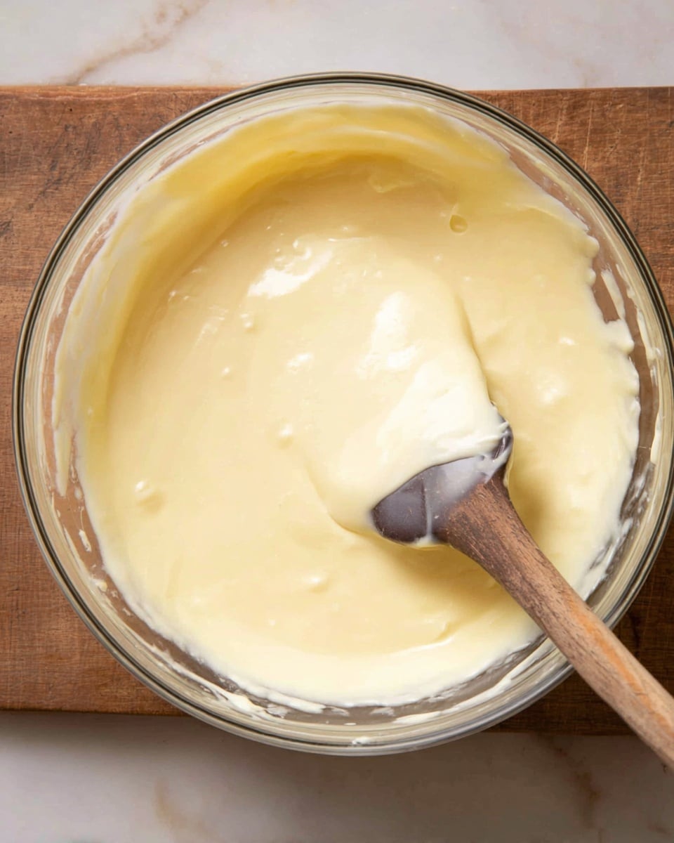 A clear glass bowl filled with smooth, pale yellow cream batter is shown from above, with a wooden spatula resting inside the batter, coated in the same creamy texture; the bowl sits on a white marbled surface with a slight sheen, and the mixture looks thick but soft with a few small bubbles. photo taken with an iphone --ar 4:5 --v 7