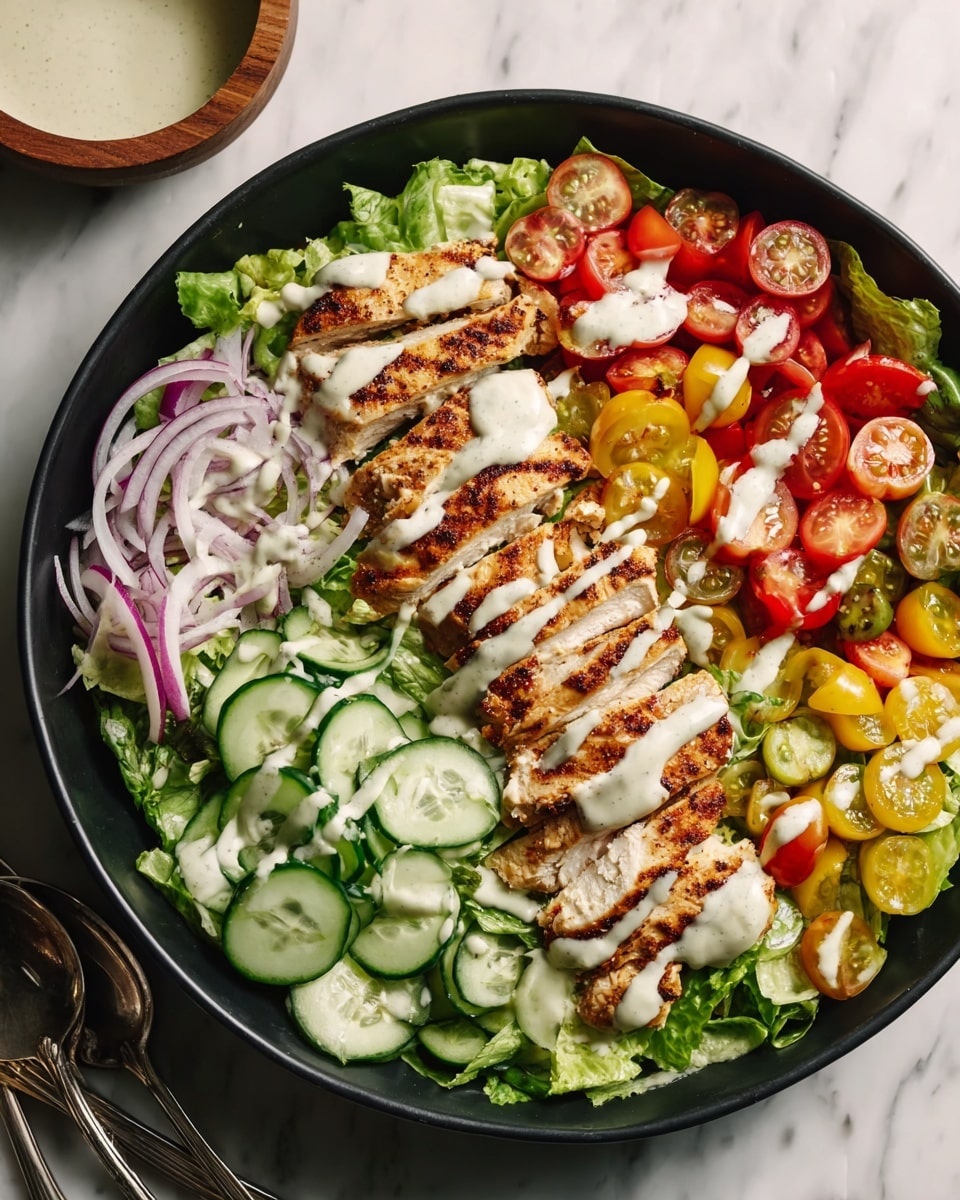 A large black bowl holds a colorful salad with three main layers; the bottom layer is a bed of light green lettuce leaves spread evenly, the second layer has sliced cucumber rings and thin red onion slices on one side and a mix of halved cherry tomatoes in red, yellow, and green on the other side, and the top layer is a neat row of grilled chicken slices with a golden-brown color placed in the center. Creamy white dressing is drizzled generously over the chicken and some on the vegetables. The bowl sits on a white marbled surface with a small wooden bowl containing more dressing and silver salad servers nearby. photo taken with an iphone --ar 4:5 --v 7