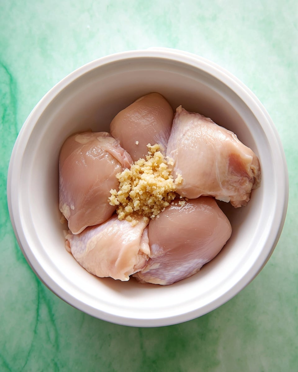 Inside a white bowl, there are five raw chicken pieces with a smooth, pale pink and slightly shiny texture, arranged closely together. On top, in the center, is a small mound of finely minced light tan garlic. The bowl is placed on a surface with a white marbled texture that contrasts with the green background around it. photo taken with an iphone --ar 4:5 --v 7