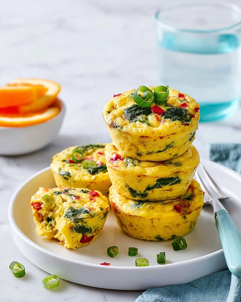 A stack of four yellow egg muffins sits on a white plate with some green spinach and small red pepper pieces visible inside each muffin. The top muffin has three bright green chopped scallions on it, and there are more scallion pieces scattered around the plate. To the left, one muffin is broken in half showing a soft texture and more visible spinach and red pepper inside. In the background, there is a clear glass of water and a small white bowl with orange slices on a white marbled surface. A light blue fork rests near the muffins. Photo taken with an iphone --ar 4:5 --v 7