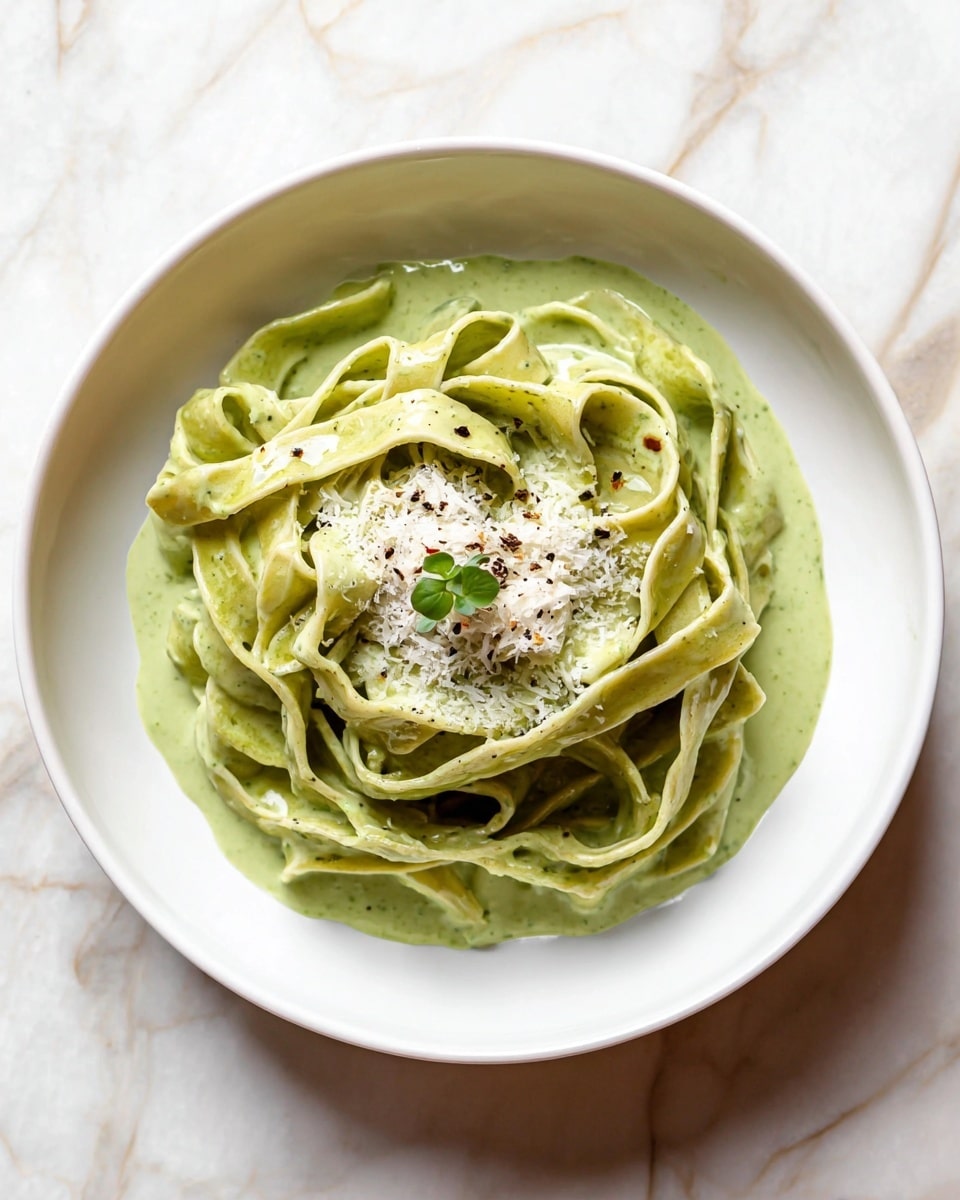A white bowl holds a serving of fettuccine pasta coated in a creamy green sauce that spreads out slightly at the base. The pasta is arranged in a loose spiral with thick flat ribbons, shiny and smooth, showing the sauce evenly covering each noodle. At the center of the noodles, there is a small pile of finely grated white cheese sprinkled with small black pepper flakes, topped with a tiny green herb sprig. The bowl rests on a surface with a white marbled texture. Photo taken with an iphone --ar 4:5 --v 7
