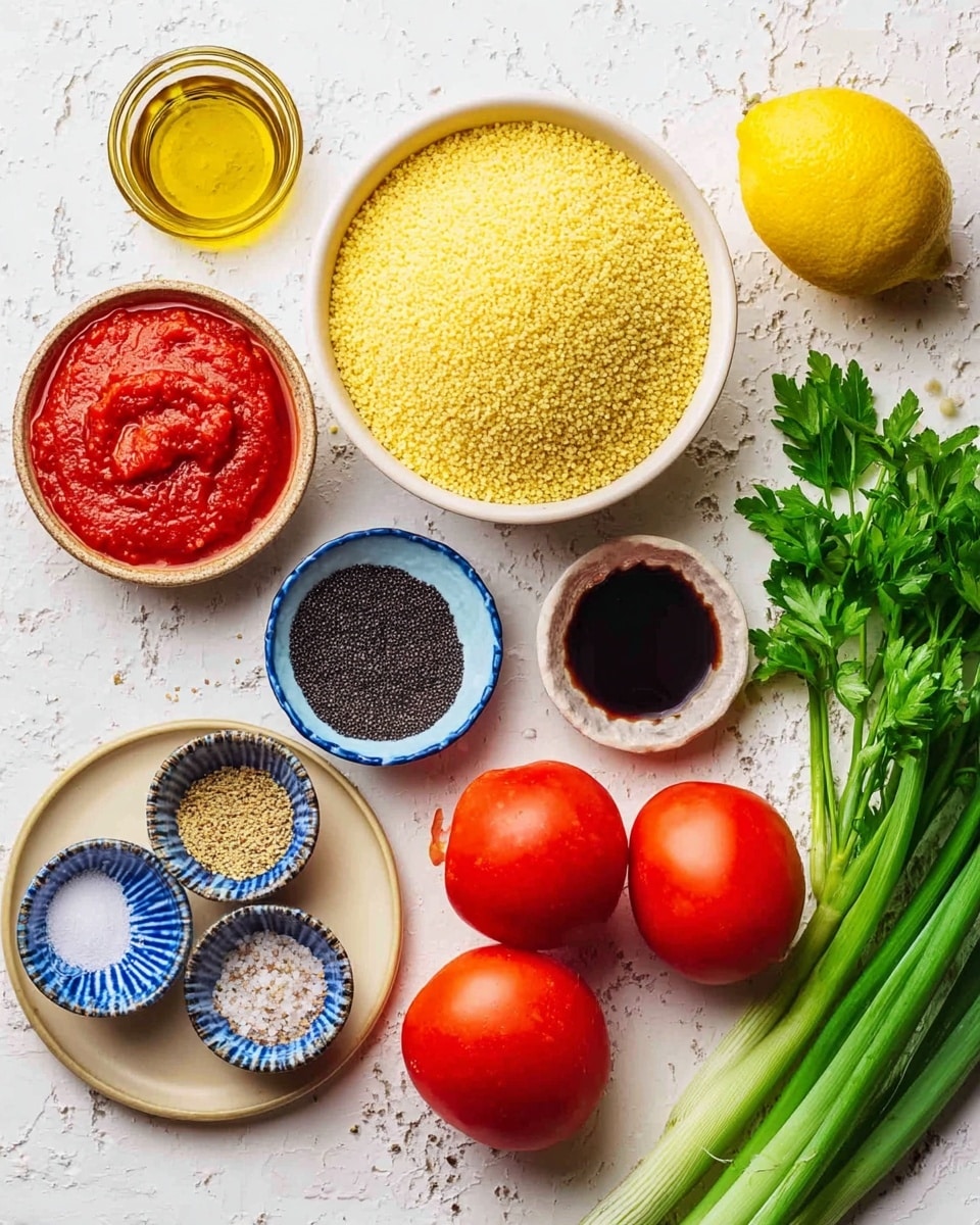 The image shows a flat lay of various cooking ingredients neatly arranged on a white marbled surface. In the center is a white bowl filled with yellow couscous grains. Surrounding it are four red tomatoes on the right, a bunch of fresh green onions below the tomatoes, and vibrant green parsley in the top right corner. To the left of the couscous is a white bowl with bright red tomato paste and another smaller white bowl with a darker red paste. Near the bottom left of the image is a beige plate holding three small blue and white bowls with salt, ground spice, and black seeds. Above this plate is a small white bowl with dark balsamic vinegar, and to its left is a bright yellow lemon. At the top near the lemon is a glass container filled with golden olive oil. Everything is arranged cleanly with plenty of space between ingredients, creating a bright and colorful composition. photo taken with an iphone --ar 4:5 --v 7