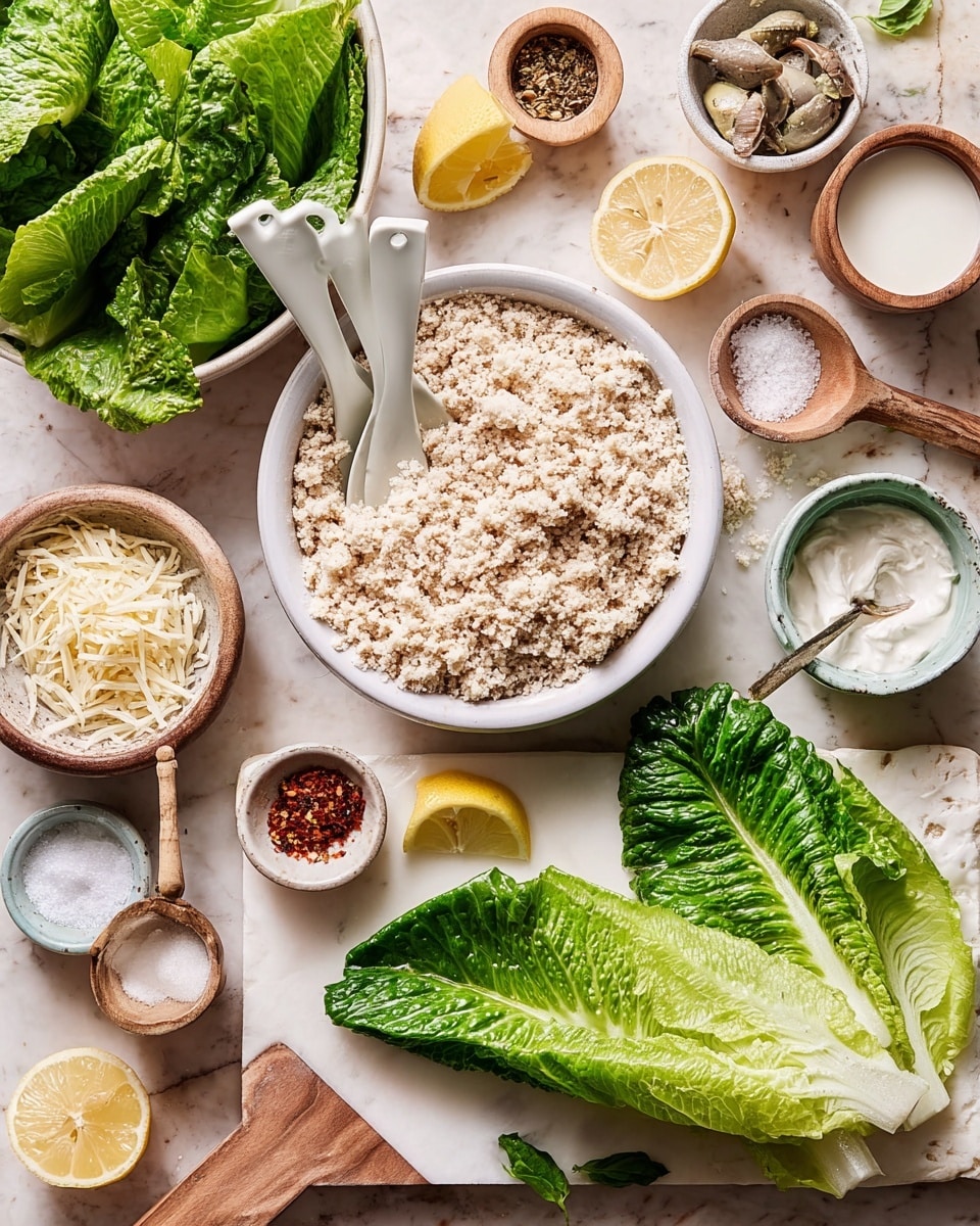 A round flatbread pizza sits in the middle on a light beige plate over a white marbled surface, topped with a layer of fresh green romaine lettuce coated in creamy white dressing and sprinkled with grated white cheese and red chili flakes. To the left, a large light beige bowl contains more lettuce with white serving spoons, and below are two small brown bowls, one filled with grated white cheese and the other with red chili flakes. On the right side, a white bowl with creamy white dressing and a metal pizza cutter with a white handle are visible, along with stacked white plates at the bottom right. A clear glass of sparkling water is placed near the top center. photo taken with an iphone --ar 4:5 --v 7