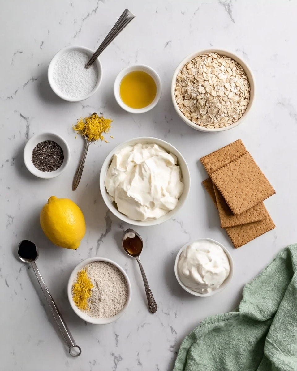 Top-down view of ingredients arranged neatly on a white marbled surface, including a white bowl filled with white soft cheese, a white bowl of rolled oats, a white bowl with powdered flour, a small white bowl of salt, a white bowl with stacked graham crackers, a half lemon positioned near the center, a small spoon holding black chia seeds, another small spoon with yellow flower petals, a small spoon with dark vanilla extract, and a small white bowl with creamy dollops. A woman's hand with a green-green kitchen towel is partially visible at the bottom right corner. Photo taken with an iphone --ar 4:5 --v 7