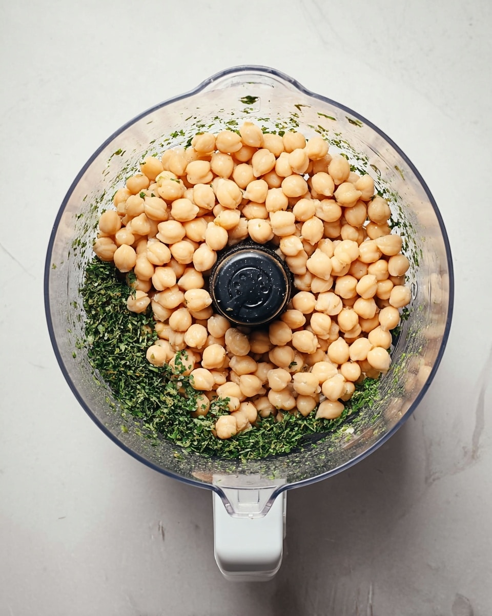 A clear round food processor bowl is shown from above, filled with a layer of light beige chickpeas covering fresh green herbs at the bottom, surrounding the black central blade piece. The bowl sits on a white marbled surface, and the white handle of the food processor is visible at the bottom. photo taken with an iphone --ar 4:5 --v 7