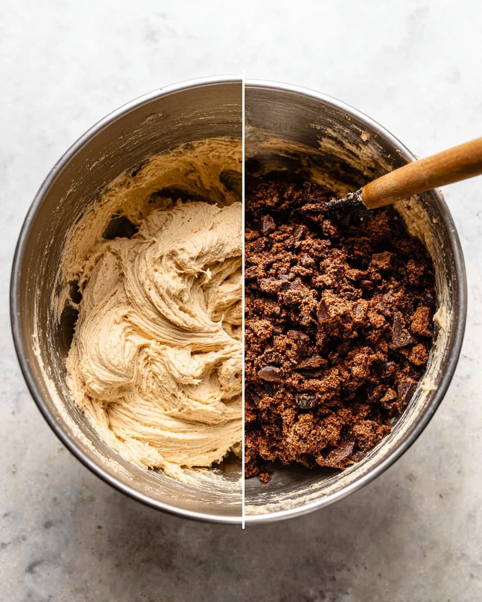 The image shows two close-up views of a silver metal mixing bowl on a white marbled surface. On the left, the bowl is filled with a creamy, light brown dough that has a smooth, whipped texture with some areas lighter in color. On the right, the same creamy dough is at the base of the bowl with a piled layer of dark brown, chopped ingredients that look chunky and rough in texture, scattered unevenly over the dough. A wooden spoon handle rests inside the bowl near the top edge. The contrast between the smooth dough and the rough, dark chunks is clear. photo taken with an iphone --ar 4:5 --v 7