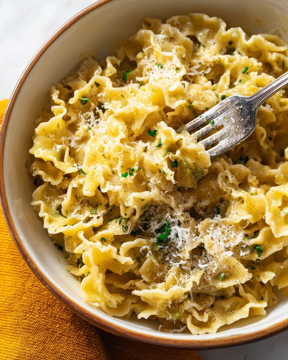 A close-up view of a white bowl filled with wavy-edged yellow pasta pieces mixed with small green herb bits, topped with a sprinkling of finely grated white cheese. A silver fork is twirling some pasta in the bowl, showing the wavy texture and the creamy sauce coating the noodles. The bowl is placed on a white marbled surface with a mustard yellow cloth nearby. photo taken with an iphone --ar 4:5 --v 7