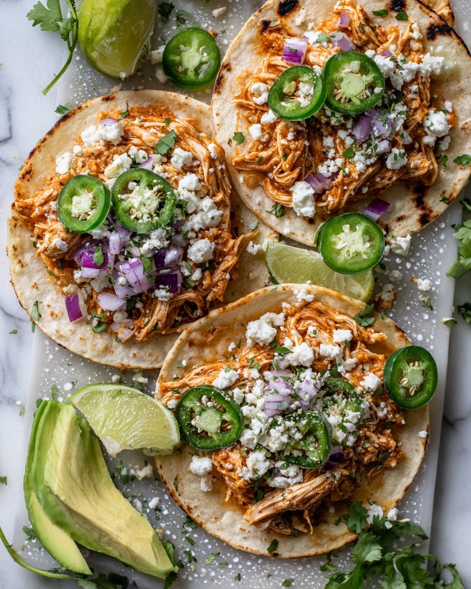 The image shows three small white soft tortillas arranged closely together on a clear textured tray over a white marbled surface. Each tortilla is layered with shredded cooked chicken that has a light orange hue, topped with small pieces of purple onion, chopped green herbs, and white crumbled cheese. There are also round green slices of jalapeño scattered on top of each tortilla. On the edges of the tortillas are slices of light green avocado and lime wedges, along with a few sprigs of fresh cilantro nearby. The textures of the ingredients contrast nicely against the warm tortillas and the cool, fresh toppings. Photo taken with an iphone --ar 4:5 --v 7