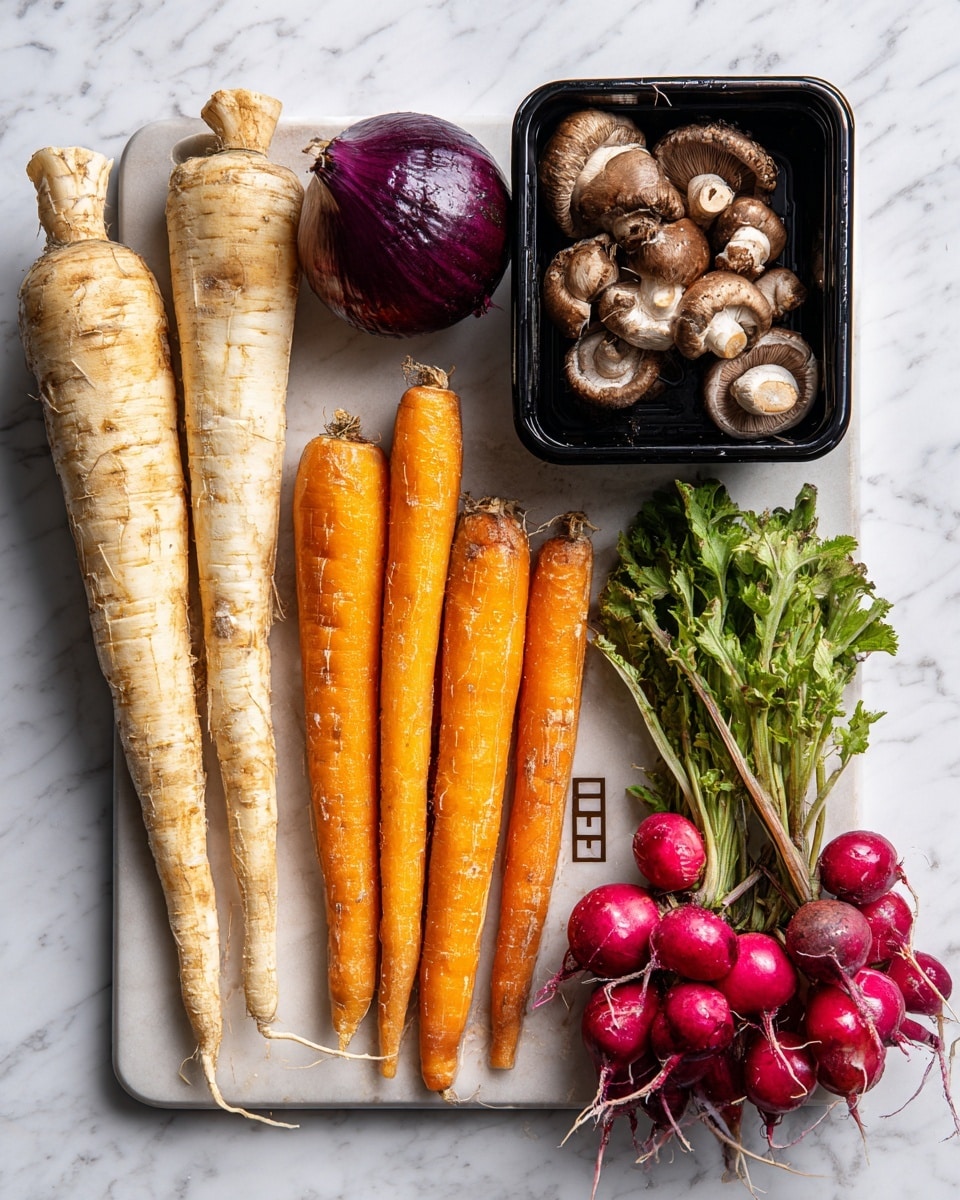 The image shows a white cutting board on a white marbled surface with five main groups of fresh vegetables arranged neatly. On the left, there are two pale yellow parsnips with rough textures. Next to them, there is a single purple-red onion with smooth skin. In the center, there are seven bright orange carrots of varying lengths, all smooth and pointed at the ends. To the right, a small black container filled with brown mushrooms with light spots is placed. Finally, on the bottom right, there is a bunch of red radishes with green leafy tops and thin white roots, some of which are extending outward. photo taken with an iphone --ar 4:5 --v 7