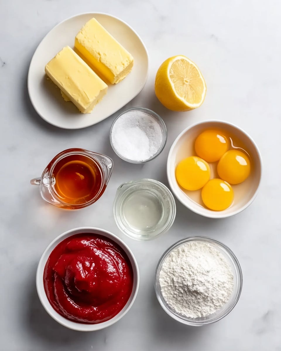 The image shows seven ingredients arranged on a white marbled surface. In the top left, there is a small white dish holding two pieces of yellow butter. To the right of the butter, a half lemon sits with its bright yellow inside facing up. Below the lemon, a small white bowl contains a white powder, likely salt. To the left of the salt bowl is a small clear glass measuring cup filled with light amber honey. Below the honey, a white bowl holds six bright yellow egg yolks separated from the whites. To the right of the egg yolks, a small clear glass bowl contains a clear liquid, possibly vanilla extract. Lastly, in the bottom right, a medium white bowl is filled with fine white sugar. Next to it, a bowl filled with thick red strawberry puree has a smooth, shiny finish. photo taken with an iphone --ar 4:5 --v 7