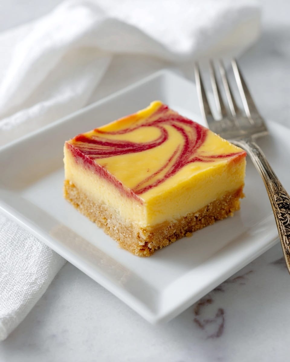 A square dessert bar on a white square plate, showing two layers: a soft light brown crumbly base and a thick yellow creamy layer on top with red swirls creating a wave pattern. A vintage silver fork rests on the plate behind the dessert. The scene is set on a white marbled surface with a white cloth napkin softly folded in the background. photo taken with an iphone --ar 4:5 --v 7