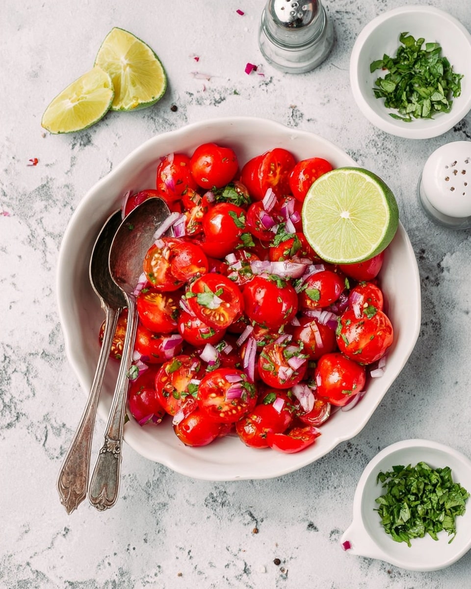 A white bowl filled with bright red cherry tomatoes, some whole and some cut in half, mixed with small pieces of purple onion and green herbs scattered on top. There is a large wedge of lime resting on the side of the bowl. Inside the bowl, on the left side, two old-fashioned silver spoons rest partially on the tomatoes. The bowl sits on a white marbled surface with few lime slices and two small white dishes with green chopped herbs placed around it, along with salt and pepper shakers behind the bowl. The overall look is fresh and colorful, showing a simple tomato salad. photo taken with an iphone --ar 4:5 --v 7