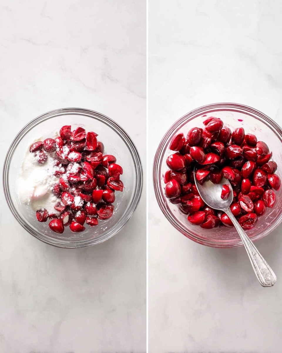 The image shows a clear glass bowl on a white marbled surface, first filled with bright red cherry halves mixed with white powder and a splash of liquid, and second, the cherries are fully mixed, looking glossy and evenly coated. A silver spoon rests in the bowl in the second frame, with the cherries' deep red color and wet texture clearly visible. Photo taken with an iphone --ar 4:5 --v 7