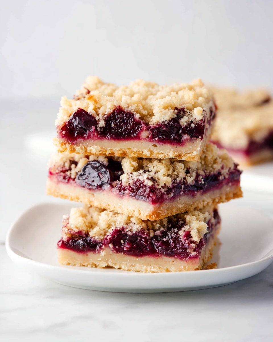 The image shows three square pieces of fruit crumble bars stacked on a white plate. Each piece has three clear layers: the bottom layer is light beige and smooth, the middle layer consists of dark red-purple fruit pieces with a juicy and slightly glossy texture, and the top layer is a crumbly, pale beige topping with a rough texture. The bars are arranged with two pieces stacked horizontally at the bottom and one piece placed on top at a slight angle. The background is a clean white marbled surface, and the image is bright with soft shadows. photo taken with an iphone --ar 4:5 --v 7