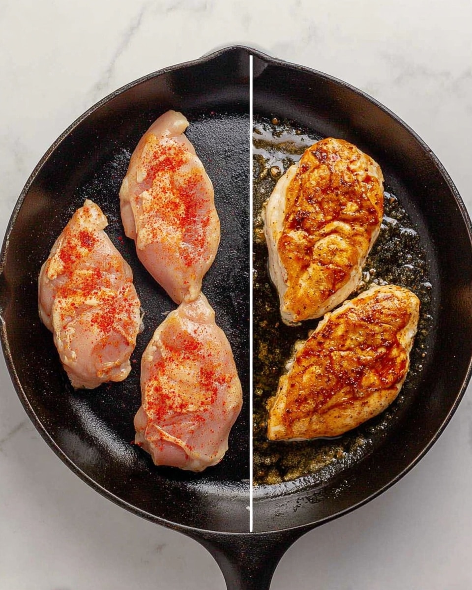 The image shows two side-by-side views of three raw chicken pieces in a round black cast iron pan on a white marbled surface. On the left, the three chicken pieces lay flat in the pan, light pink with a dusting of red seasoning. On the right, the same chicken pieces are cooked with a browned crust covering the top surface, with some oil glistening in the pan. The pan is slightly worn with a rustic feel. photo taken with an iphone --ar 4:5 --v 7