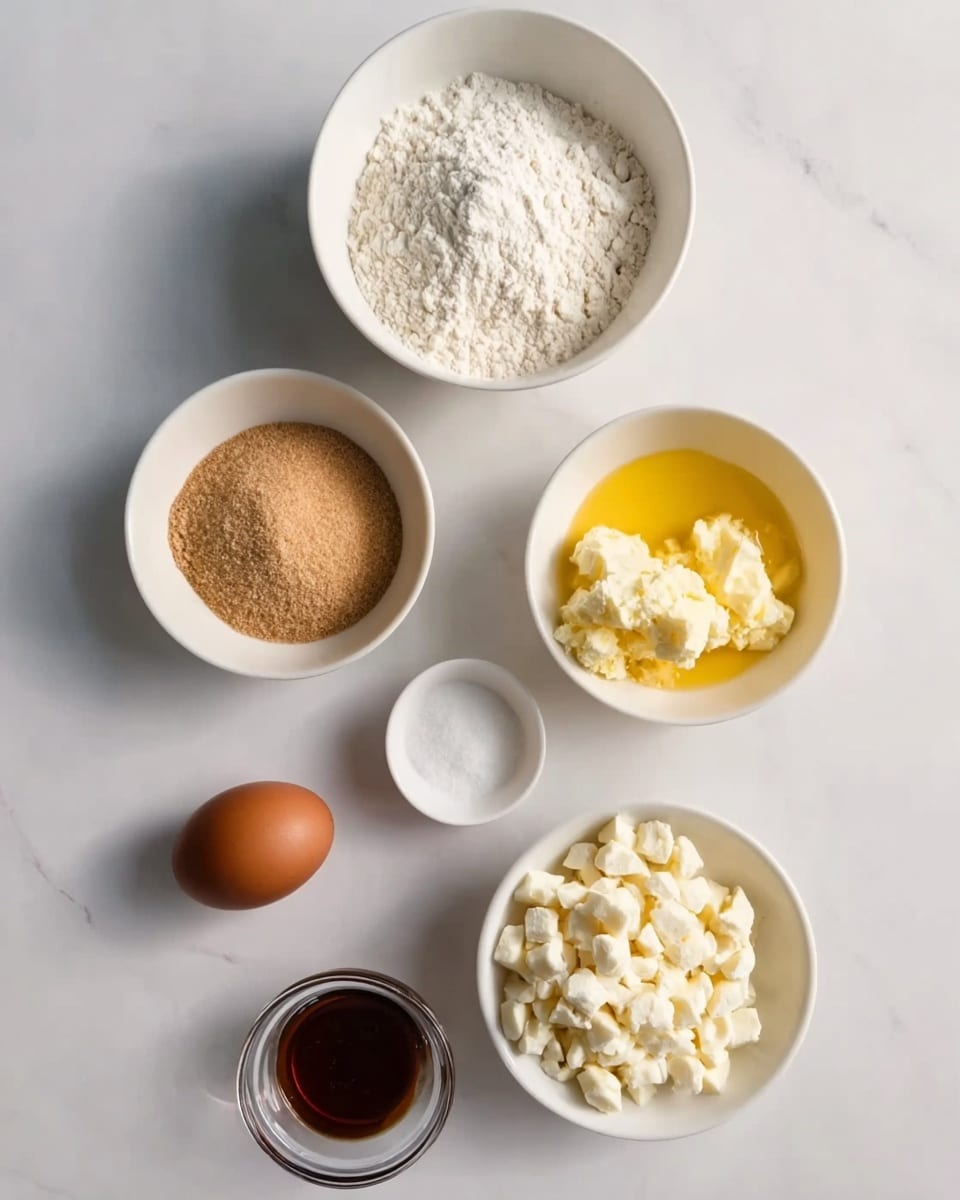 The image shows five white bowls and one egg on a white marbled surface. The top bowl contains white flour with a small amount of baking powder or salt visible. Below it, there is a bowl with melted yellow butter. To the left, a bowl holds two kinds of sugar, one white and one light brown, mixed together. To the right of the sugar bowl, there is a bowl filled with small white chunks, likely chopped white chocolate or nuts. At the bottom left, there is one whole brown egg, and next to it is a small clear glass bowl with a dark brown liquid, likely vanilla extract. The arrangement is neat and evenly spaced. Photo taken with an iphone --ar 4:5 --v 7