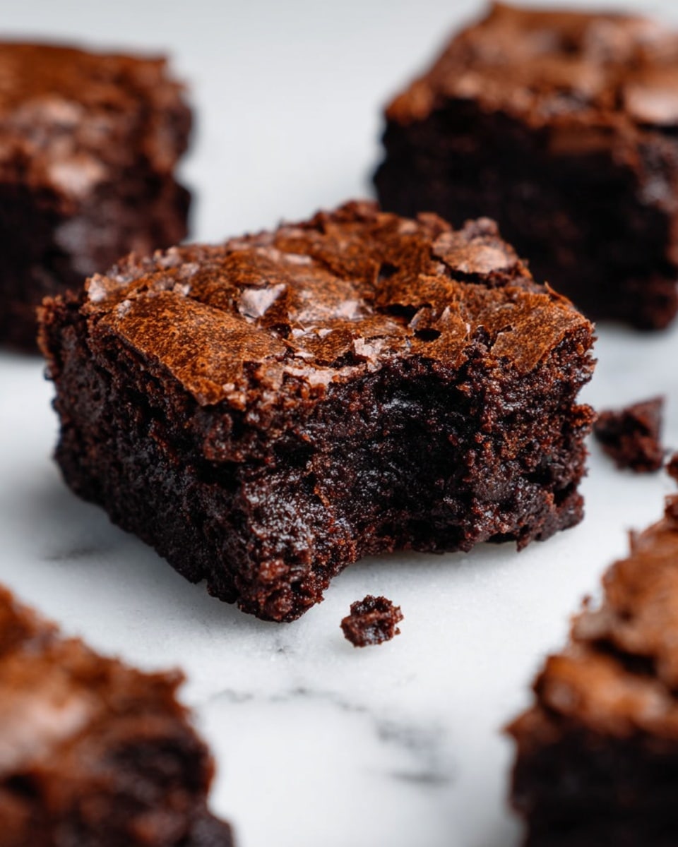 The image shows a close-up of a thick, square piece of chocolate brownie with a cracked, shiny top layer. The brownie is dark brown and looks moist and dense inside, with some texture from small chocolate chunks. It rests on a white marbled surface, surrounded by other similar pieces slightly out of focus in the background. One brownie piece has a bite taken from its side, revealing the soft interior. photo taken with an iphone --ar 4:5 --v 7