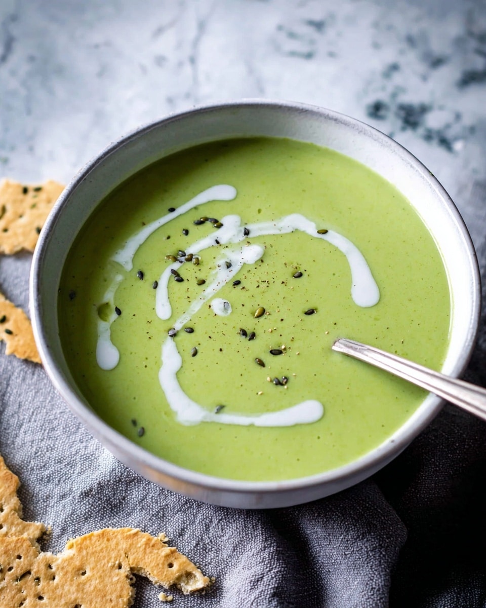 A bowl filled with smooth, light green soup has two thin swirls and small drops of white cream on top, along with scattered small black seeds. A silver spoon is resting inside the bowl, slightly lifting the soup. The bowl is white and sits on a soft gray cloth with some broken crackers nearby. The surface beneath the bowl has a white marbled texture. photo taken with an iphone --ar 4:5 --v 7