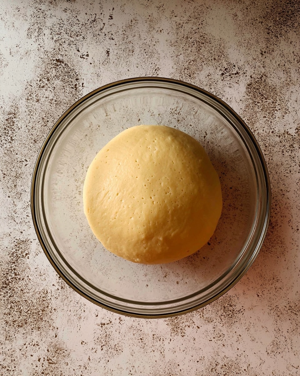 A single round ball of dough with a smooth, pale yellow surface and small bubbles sits centered in a clear glass bowl that rests on a white marbled surface with dark speckles. The dough fills most of the bowl, which has a thin black double line around its rim. photo taken with an iphone --ar 4:5 --v 7