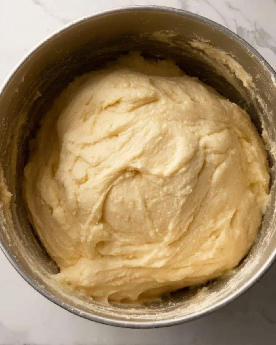 The image shows a close-up of a thick, creamy dough with a pale yellow color and a smooth, slightly textured surface. The dough fills most of a shiny metal bowl, with some dough stuck to the bowl's sides. The background is a white marbled surface, and the photo captures the dough's soft, dense texture clearly. photo taken with an iphone --ar 4:5 --v 7