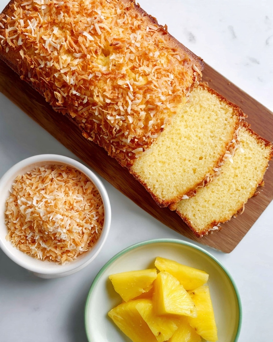 A loaf cake with two visible slices lies on a white wooden board, covered by a golden brown toasted shredded coconut layer on top, showing a moist and light yellow crumb inside. Next to it, a white bowl holds extra toasted shredded coconut, and below, a white bowl filled with bright yellow pineapple wedges arranged side by side. All items are placed on a white marbled surface photo taken with an iphone --ar 4:5 --v 7