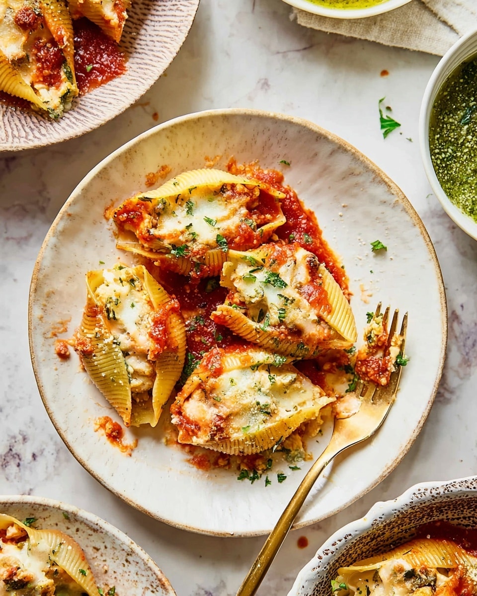 A white plate with six large pasta shells stuffed with a creamy mixture, topped with melted white cheese and red tomato sauce, sprinkled with chopped green herbs. The shells have a yellowish color with slight browning and bubbly texture from baking. A gold fork rests under one shell with a small bite of filling on it. Around the plate are small bits of sauce and herbs. The background shows a white marbled texture with parts of other white plates and bowls containing green sauce and herbs. Photo taken with an iphone --ar 4:5 --v 7
