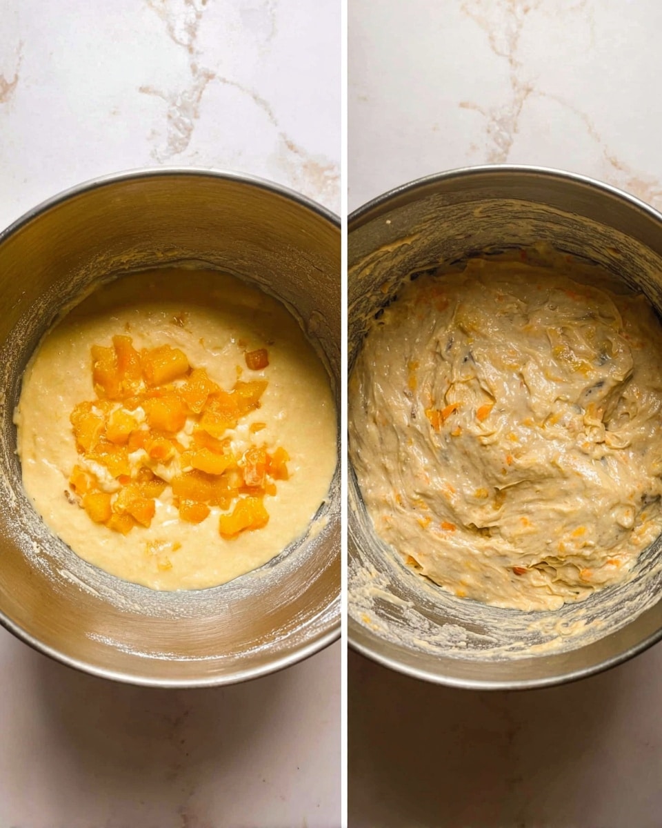 There are two side-by-side images showing the process of mixing ingredients in a large metal bowl. The left image shows a bottom layer of pale yellow wet ingredients with small bright orange chunks sitting on top. The right image shows these ingredients mixed together into a thick, creamy batter that is light beige with visible orange pieces spread evenly throughout. The bowl has some residue of the batter on its sides. The background features a white marbled texture. photo taken with an iphone --ar 4:5 --v 7