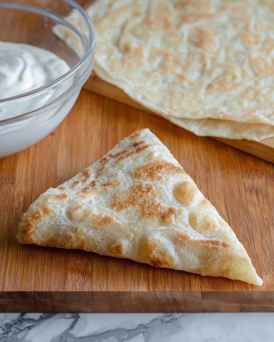 The image shows a triangular shaped flatbread with a light golden texture and some puffed bubbles on its surface, resting on a wooden cutting board. Behind it lies a larger, flat piece of the same type of bread, light beige with similar bubbled texture. To the left, there is a clear glass bowl partially filled with a white creamy substance. The background is a white marbled texture. photo taken with an iphone --ar 4:5 --v 7