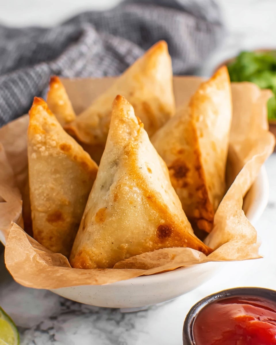 The image shows a white bowl lined with light brown parchment paper holding five golden-brown, triangular samosas arranged standing upright close to each other. In the front right side of the bowl, there is a small dark cup filled with bright red dipping sauce, smoothly textured and glossy. The bowl sits on a white marbled surface with a blurred piece of green vegetable and a gray and white striped cloth seen in the background. The focus is on the samosas’ crispy, slightly uneven texture with some darker golden spots. Photo taken with an iphone --ar 4:5 --v 7