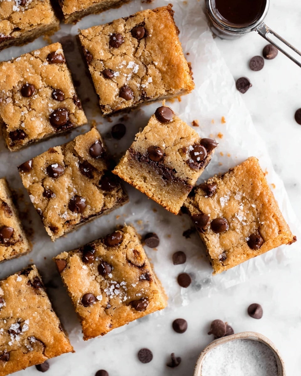 The image shows a set of nine square blondies with chocolate chips spread on a white marbled surface, arranged closely together. Most squares show a golden brown top with a slightly rough texture, dotted with dark chocolate chips and a light sprinkle of coarse salt on top. Two blondies are raised up, showing their thick, dense, and moist interior filled with melted chocolate chips, contrasting the golden outer crust. Scattered chocolate chips surround the blondies, enhancing the visual appeal. Part of a silver measuring cup filled with chocolate chips and a small white bowl with salt are visible at the edges. photo taken with an iphone --ar 4:5 --v 7