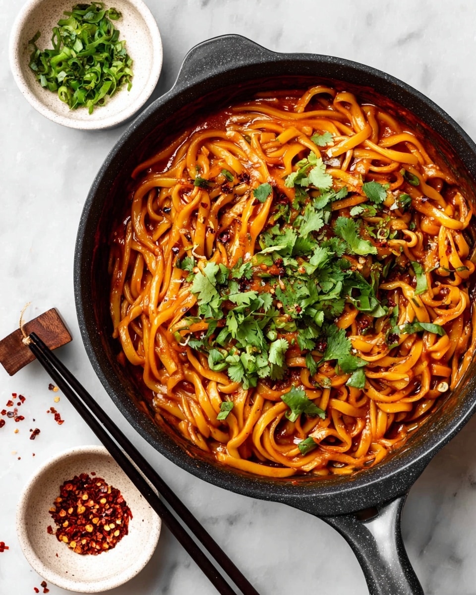 A black pan filled with thick noodles coated in a rich, reddish-orange sauce, topped with fresh green cilantro leaves scattered over the noodles. Next to the pan are two small white bowls, one with chopped green herbs and the other with red chili flakes. Black chopsticks lie on a white marbled surface beside the pan, with some red chili flakes scattered around. The scene is bright and clear, showing the creamy texture of the sauce and the fresh garnishes, photo taken with an iphone --ar 4:5 --v 7