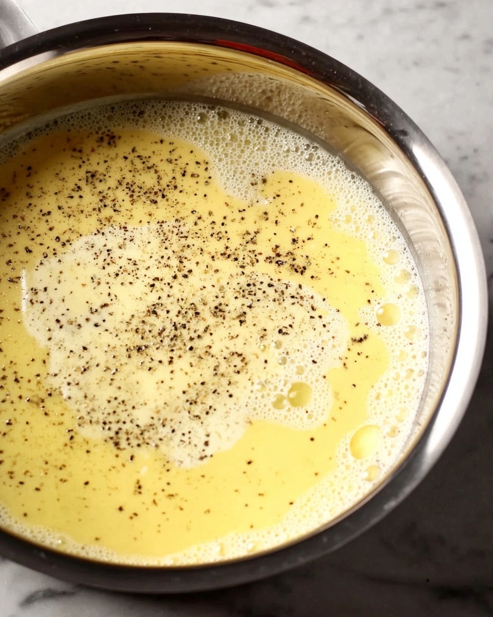 A metal pan filled with a creamy yellow sauce that has small bubbles and foam on the surface, speckled with finely ground black pepper evenly scattered across. The sauce appears smooth and slightly thick, with light reflections on the shiny stainless steel sides of the pan. The background is a white marbled texture. photo taken with an iphone --ar 4:5 --v 7