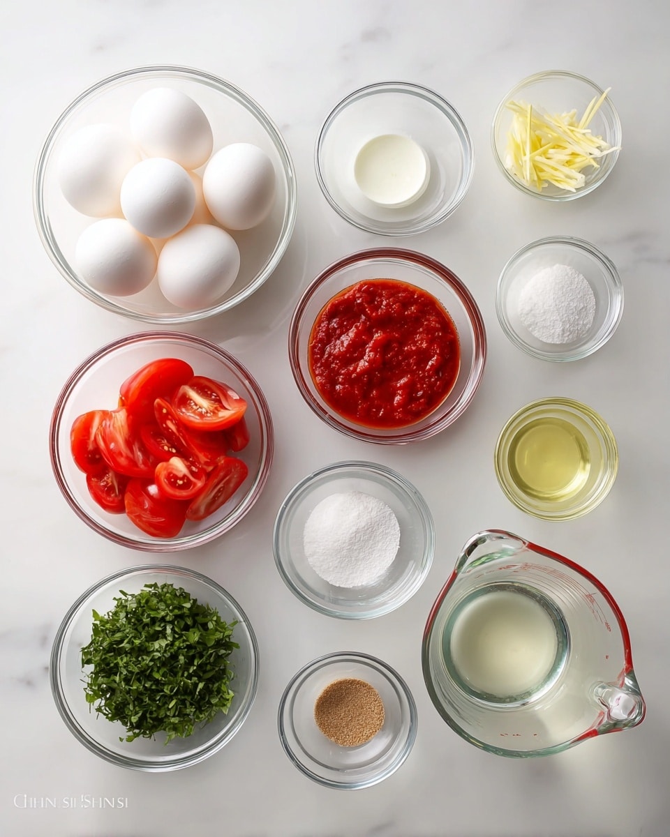 The image shows various clear glass bowls and a clear measuring cup arranged neatly on a white marbled surface. There are two larger bowls filled with whole white eggs and red tomato wedges, positioned on the left side. In the middle row, there are smaller clear bowls containing a thick red sauce, green chopped herbs, a white powder, some light brown granulated sugar, thin yellow strips, and a small light yellow liquid. On the right, there is a clear measuring cup with a transparent liquid. The bowls are organized in three rows, with the largest bowls on the left and smaller ones toward the right, all on a bright white marbled background. Photo taken with an iphone --ar 4:5 --v 7