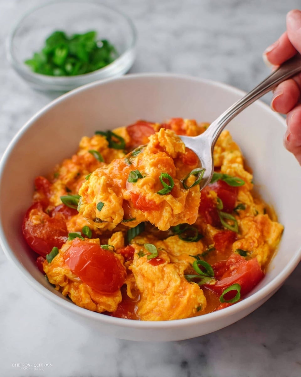 A white bowl filled with a bright orange-red dish that has several layers of scrambled eggs mixed with chunks of cooked tomatoes and small red pepper slices. The eggs and tomatoes have a soft, moist texture and are scattered evenly throughout the bowl. Thin green onion slices are sprinkled on top, adding a fresh green contrast. A woman's hand holds a silver spoon lifting a scoop of the mixture, showing the thick, juicy consistency. In the background, a small clear bowl with chopped green onions rests on a white marbled surface. Photo taken with an iphone --ar 4:5 --v 7
