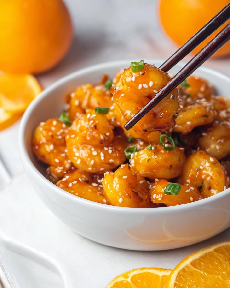A white bowl filled with bright orange glazed shrimp, each piece shiny and coated evenly in a smooth sauce. The shrimp are sprinkled with small white sesame seeds and tiny green onion slices, adding texture and color contrast. One shrimp is held above the bowl by dark brown chopsticks, showing its plump round shape and glossy coating. Around the bowl, there are orange slices with a juicy look, placed on a white marbled surface that adds a clean and fresh feel. The overall color scheme is warm with orange tones and small green and white accents, giving the dish a fresh and vibrant look photo taken with an iphone --ar 4:5 --v 7