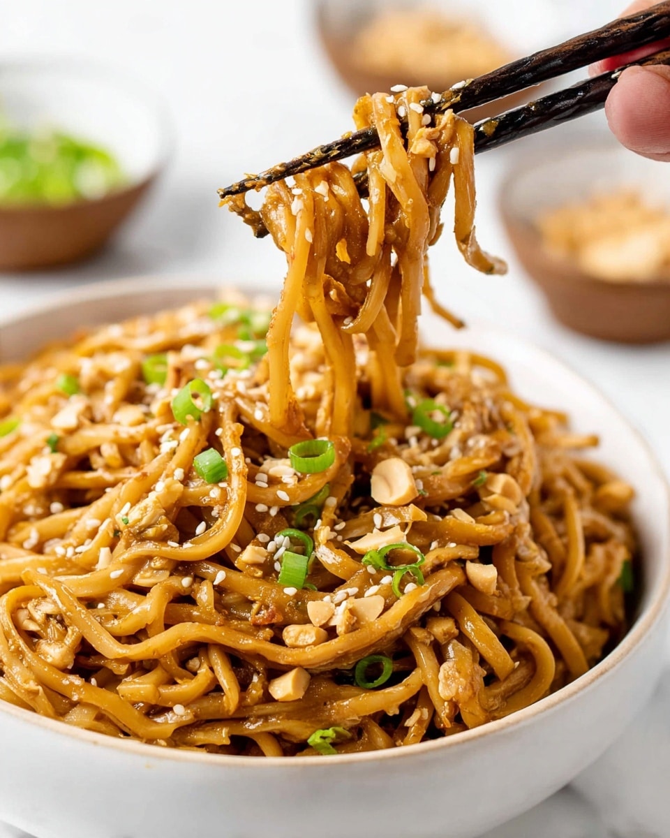 A close-up of a white bowl filled with a single layer of light brown noodles coated in a thick, slightly shiny sauce. The noodles are mixed with small pieces of crushed peanuts and sprinkled with white sesame seeds and chopped green onions, adding small pops of green and white on top. Black chopsticks held by a woman's hand lift a twisted bundle of noodles from the bowl. The background shows a soft focus of more small bowls on a white marbled surface. Photo taken with an iphone --ar 4:5 --v 7