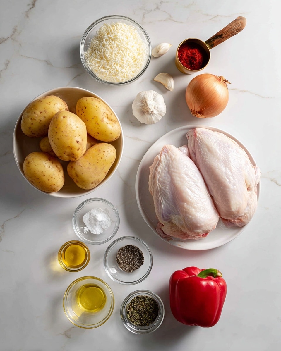 The image shows a flat white marbled surface with several cooking ingredients arranged neatly. On the bottom right, a white bowl holds two large pale pink raw chicken pieces with smooth skin. Above that, a small white bowl contains light grated cheese. To the left, a clear glass bowl holds five medium-sized yellow potatoes that have a slightly rough skin. Near the center, three small clear bowls are placed in a loose triangle: one with golden olive oil, one with a mix of black and white salt and pepper, and the other with white dry grated cheese. Above these bowls, two cloves of garlic are placed close together next to a whole yellow-brown onion with a papery skin. On the top left, a small brass measuring cup with a wooden handle holds a deep red paste. To the right of the onion and garlic, a shiny red bell pepper rests with its green stem facing upward. On the bottom right corner beside the chicken, another small clear bowl contains a dark red powder and dried green herbs sitting side by side. Photo taken with an iphone --ar 4:5 --v 7