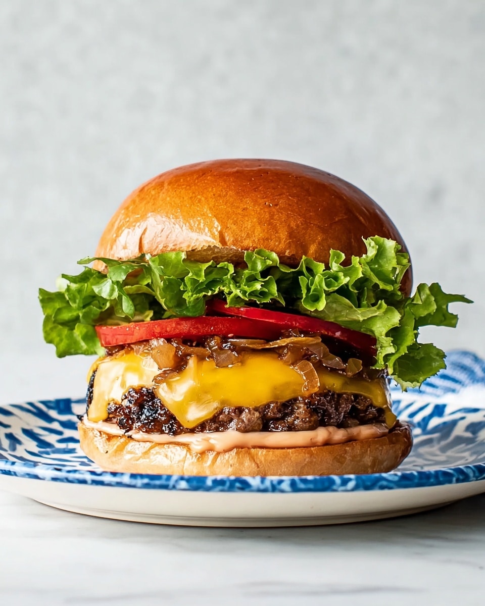 A close-up of a burger on a white plate with blue patterns, placed on a white marbled surface. The burger has five clear layers: starting from the bottom, a soft, golden-brown bun spread with a light pink sauce, a charred beef patty topped with melted yellow cheddar cheese, a layer of caramelized onions, a bright red slice of tomato, fresh green leafy lettuce, and finished with a smooth, shiny golden-brown top bun. Photo taken with an iphone --ar 4:5 --v 7