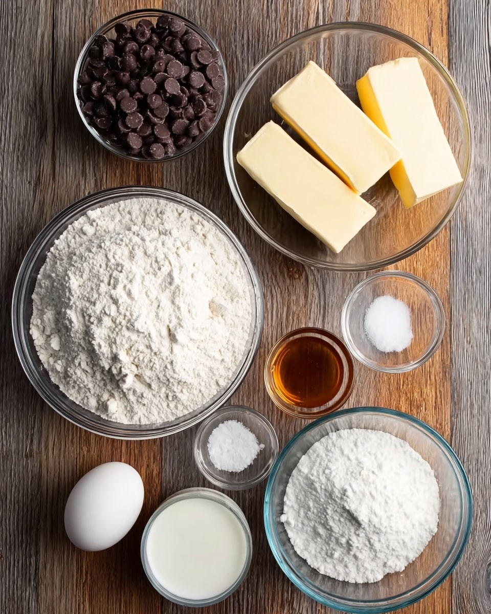 The image shows seven clear glass bowls and a white egg arranged on a wooden surface. The largest bowl is filled with white flour, placed near the bottom left. Next to it on the bottom right is another clear bowl filled with white powdered sugar. Above these, on the left is a bowl filled with dark brown chocolate chips. To its right, there are two sticks of butter placed side by side. Further right are three small bowls containing white salt, a light brown liquid (likely vanilla extract), and white milk. The white egg sits in a small bowl near the bottom left. The background is a wooden surface. photo taken with an iphone --ar 4:5 --v 7