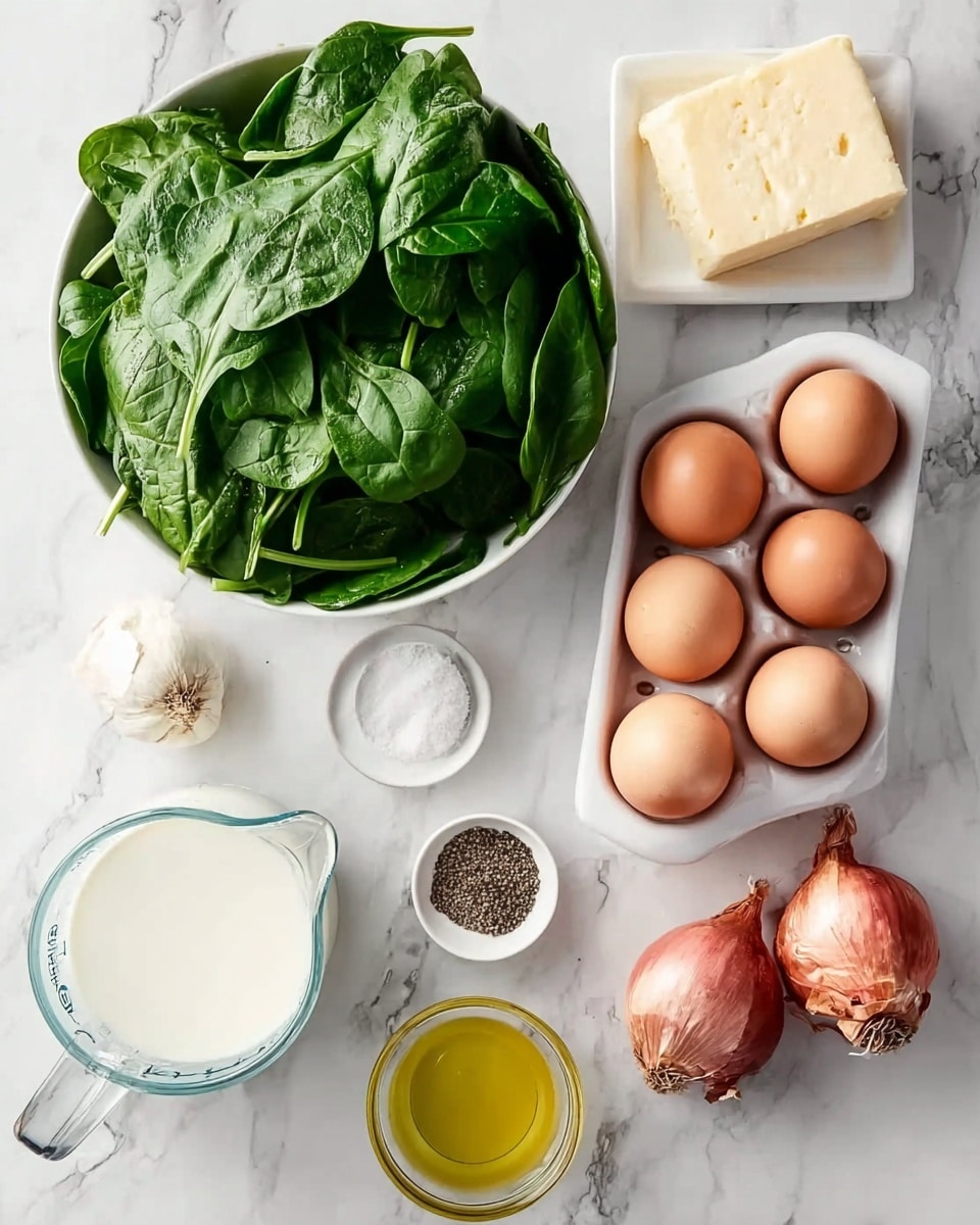 The image shows several cooking ingredients placed on a white marbled surface: a large white bowl filled with fresh green spinach leaves at the top left, a small white dish with a block of pale yellow cheese at the top right, a white rectangular container holding six brown eggs near the center, three shallots with reddish-brown skins lying at the bottom right, a small white cup with yellow olive oil near the bottom left, a glass measuring cup filled with white milk at the bottom left, and a small white dish containing salt and black pepper next to the olive oil. A single garlic bulb sits near the center on the marble. Photo taken with an iphone --ar 4:5 --v 7
