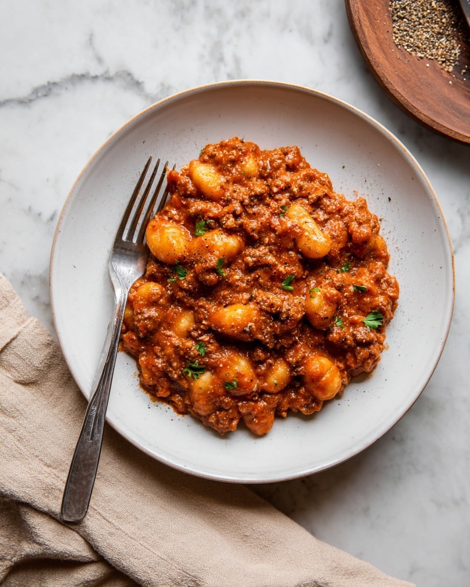 A white plate holds a rich, saucy dish made of small, soft gnocchi covered in a thick, reddish-orange meat sauce mixed with ground meat and small tomato pieces. The sauce has a creamy texture and is sprinkled lightly with green herbs and black pepper, adding some color contrast. A silver fork rests on the left side of the plate, touching the food. The plate is placed on a white marbled surface, with part of a beige cloth napkin visible below it. Photo taken with an iphone --ar 4:5 --v 7