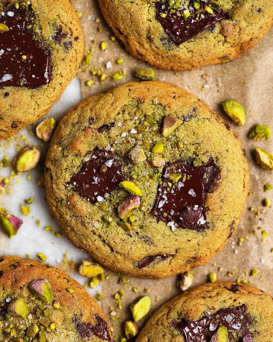The image shows several round cookies with a golden brown color and a soft texture. Each cookie has dark brown melted chocolate chunks melted into the surface, some partially melted and others still solid. The cookies are topped with crushed green pistachio nuts and whole pistachios scattered on and around them. There are small flakes of coarse sea salt sprinkled on top, adding extra texture. The cookies lie on a parchment-like sheet with a white marbled surface beneath it, giving a clean and simple background. photo taken with an iphone --ar 4:5 --v 7