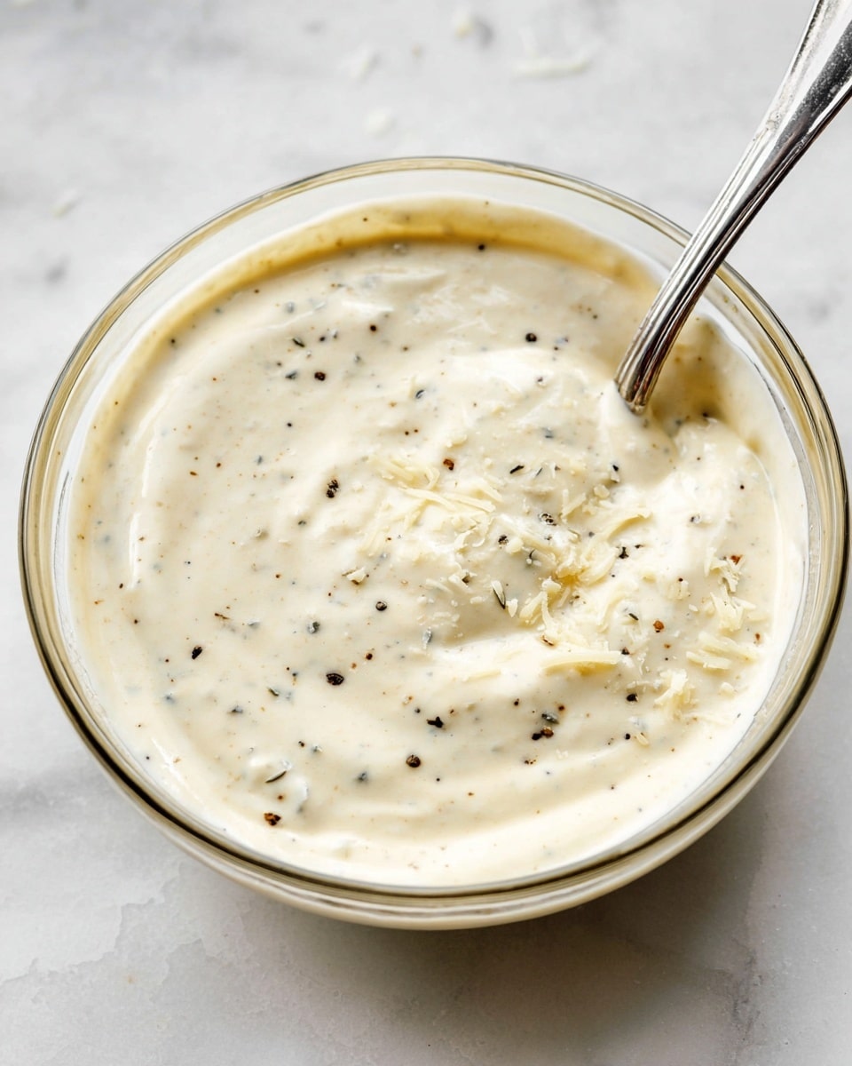 A clear glass bowl filled with a creamy, thick white sauce that has a smooth texture with tiny specks of black pepper and herbs scattered throughout. The sauce surface shows some uneven swirls, hinting it was just stirred, with a silver spoon partially dipped inside on the right side. There are light shreds of white cheese sprinkled on top near the rim, adding a subtle texture contrast. The bowl rests on a white marbled surface. Photo taken with an iphone --ar 4:5 --v 7