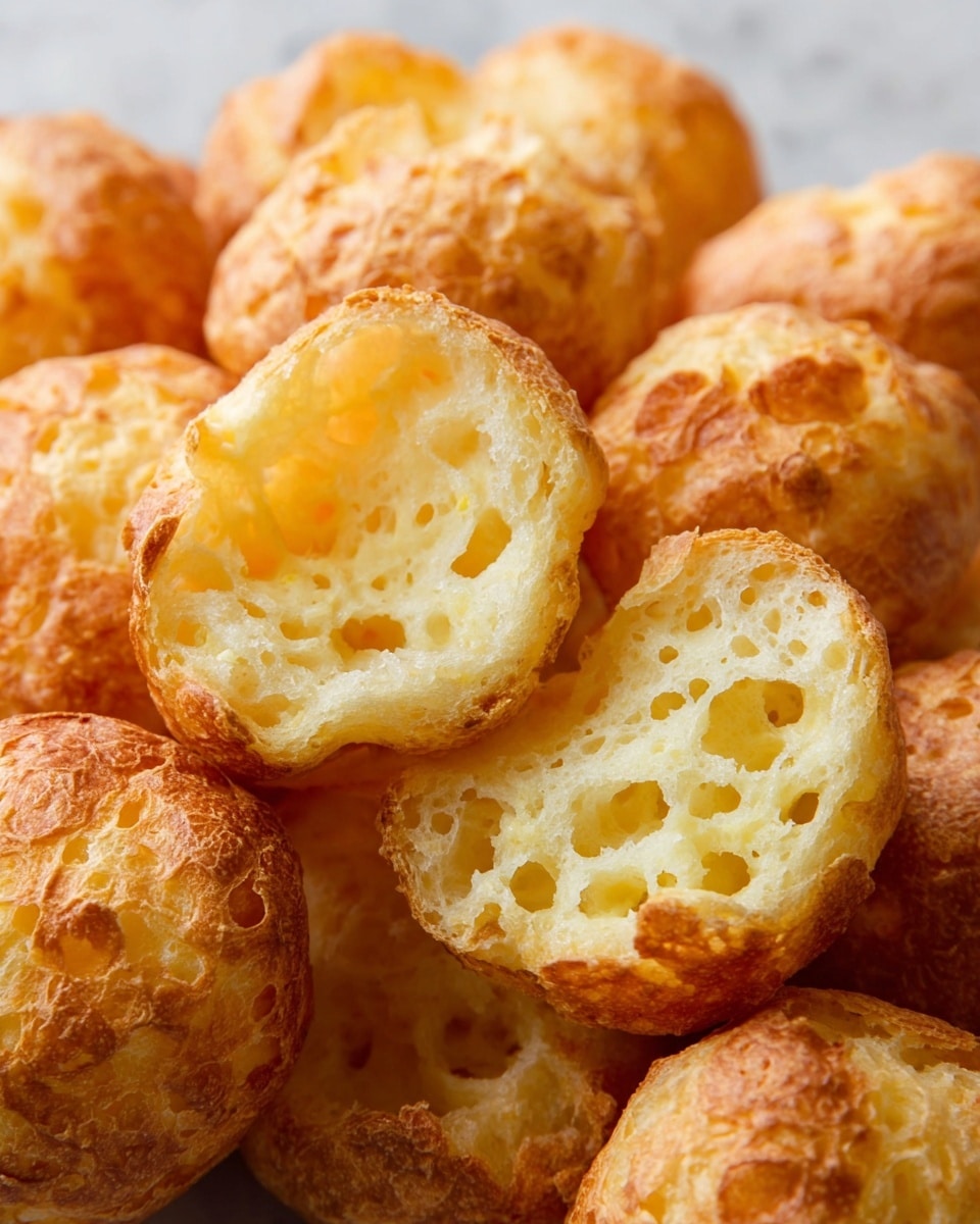 The image shows several small round cheese breads with a golden brown, slightly crispy outer crust. Each bread is puffed up and hollow inside, revealing a light yellow, airy interior with a spongy texture. The breads are closely packed together on a surface with a white marbled texture, highlighting their irregular, porous structure. The focus is on the open bread pieces placed on top, showing their soft, holey inside against the more solid, textured crust around the edges. photo taken with an iphone --ar 4:5 --v 7