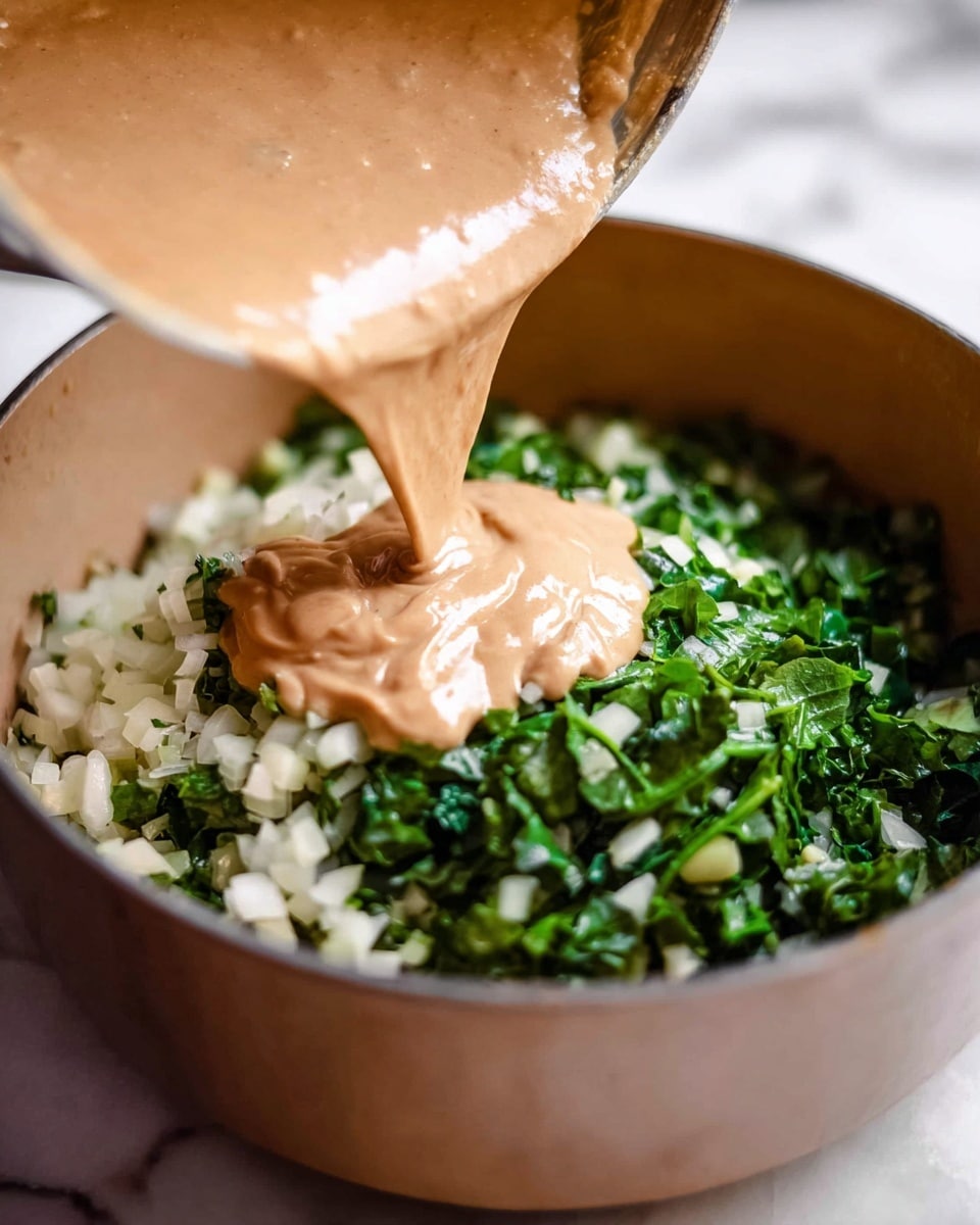 The image shows a close-up of a cooking pot filled with chopped green leafy vegetables and diced white onions as the bottom layer. A beige, smooth creamy sauce is being poured on top, forming the second layer that covers part of the vegetables and onions. The pot itself is light brown, placed against a white marbled surface. The sauce creates a flowing texture as it lands in the pot, contrasting with the rough chopped vegetables below. photo taken with an iphone --ar 4:5 --v 7