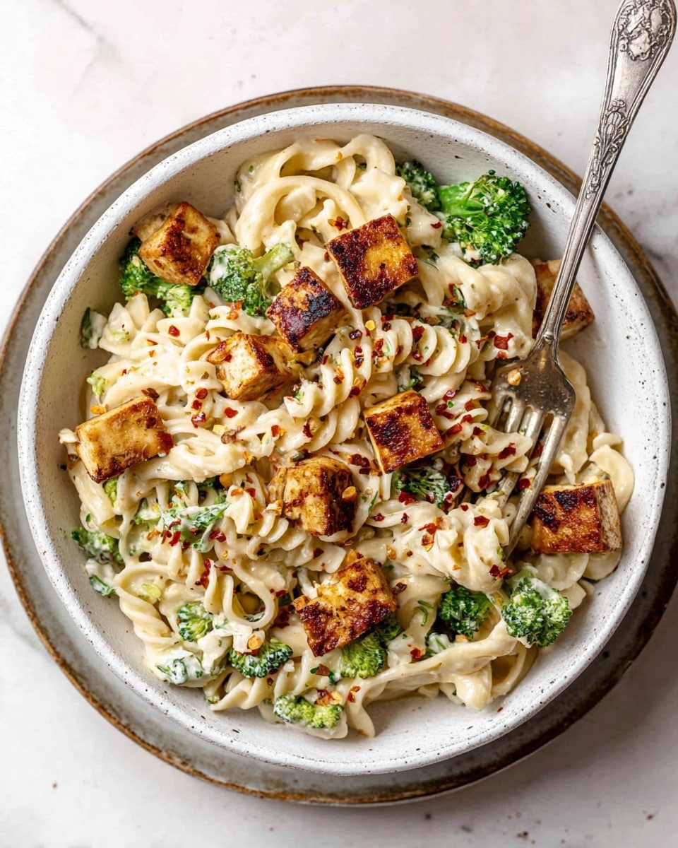 A bowl filled with creamy white pasta noodles twisted and mixed with small bright green broccoli pieces and bits of soft white cheese. On top, there are golden-brown grilled tofu cubes scattered around, some showing crispy edges with slight charring. A few red chili flakes are sprinkled lightly over everything, adding small pops of red. The bowl is white with speckles and rests on a round rustic metal plate against a white marbled surface. A fork with a detailed handle is placed inside the bowl. Photo taken with an iphone --ar 4:5 --v 7