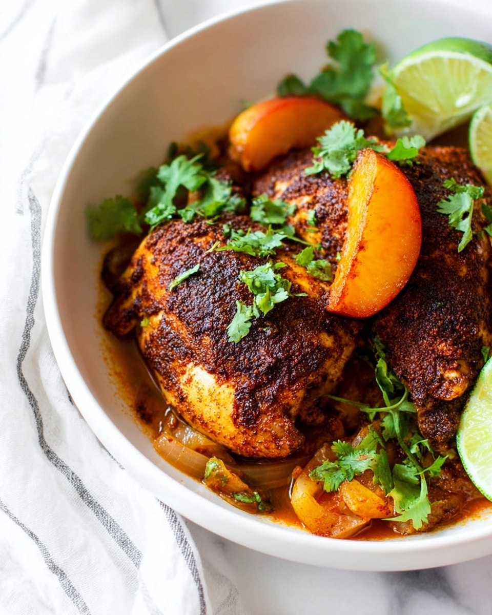 The dish shows two pieces of cooked chicken with a dark, spicy crust sitting in a white bowl on a white marbled surface. On top of each chicken piece, there is a bright orange cooked peach slice with fresh green cilantro leaves scattered on and around the chicken. Underneath the chicken are soft, cooked onions and small pieces of vegetables with a reddish-brown sauce. There are also a few lime wedges on the side, adding a fresh green color to the bowl. In the background, part of a white cloth with grey stripes is visible. photo taken with an iphone --ar 4:5 --v 7
